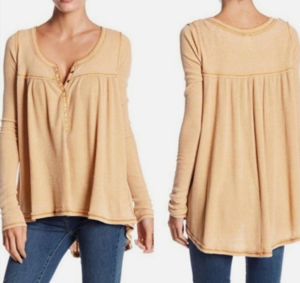 Free People We The Free Womens Kai Henley Thermal Long Sleeve Mustard Top Size S